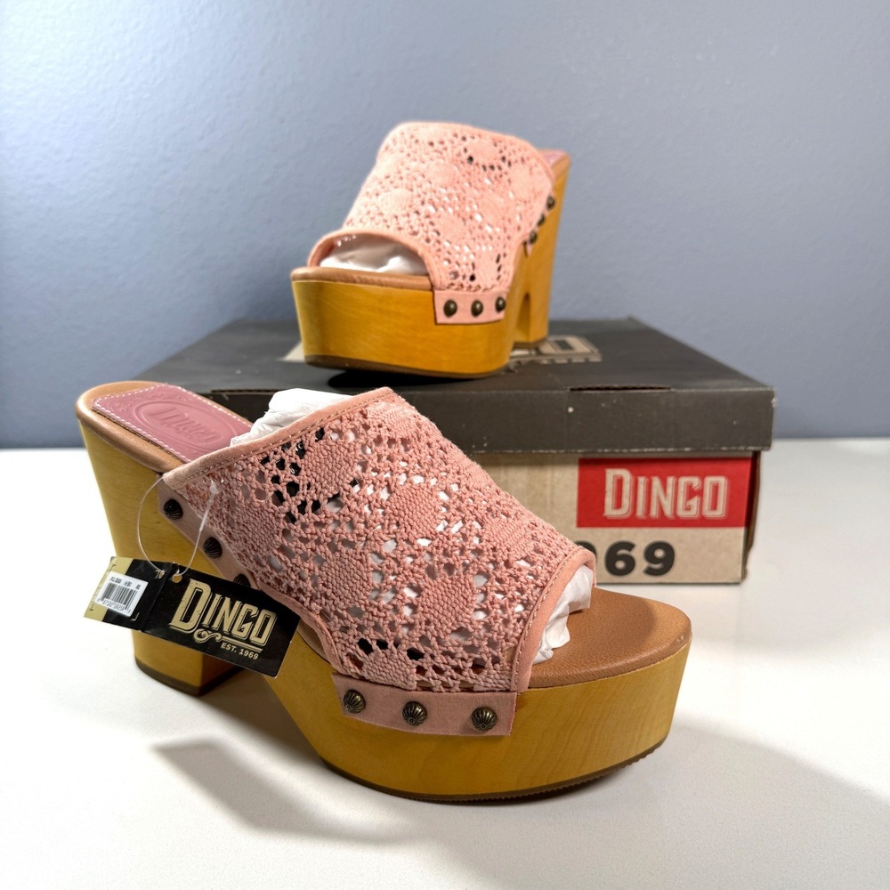 Dingo Crochet Platform Mules Womens‎ 10M Pink New Boho Wood Block Heel DI 361